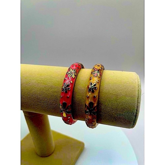 Vintage Beaded Necklace & Floral Enamel Bangle Set Crystal Pink Peach Cream N60 - Picture 6 of 7